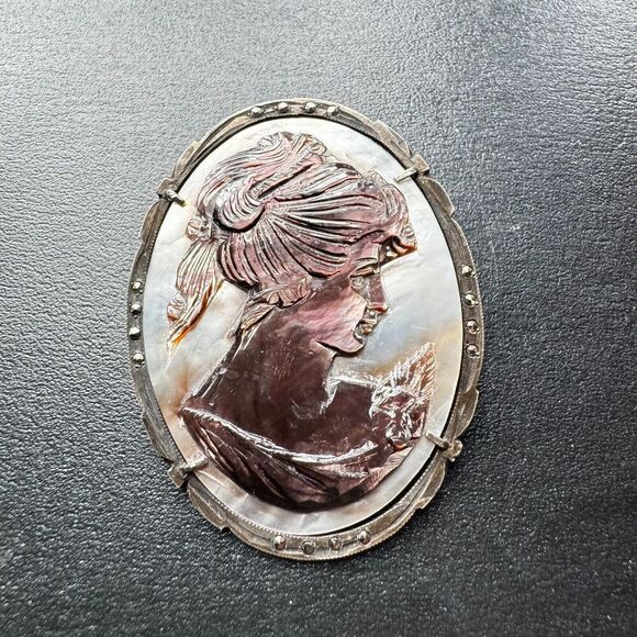VTG Carved Abalone Shell Marcasite Woman Cameo Sterling Silver Pendant Brooch - Picture 2 of 7